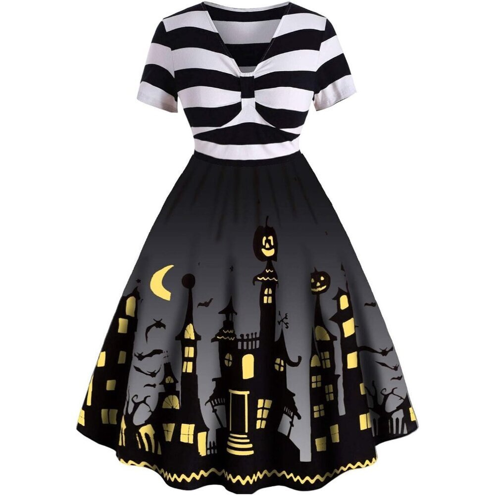Women's Gray Halloween Pumpkin Costume Flared Dresses Imported Vintage Bat Print